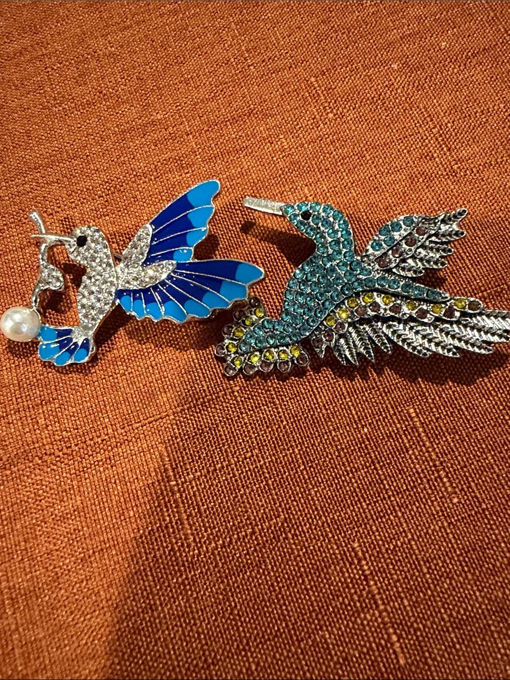 Blue and Teal Hummingbird Brooch Set - Decorative Bird Pins